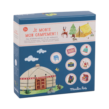 Box cover for a children's observation game titled "Je monte mon campement!" showing a yurt, animals, camping icons, and playfully illustrated items.