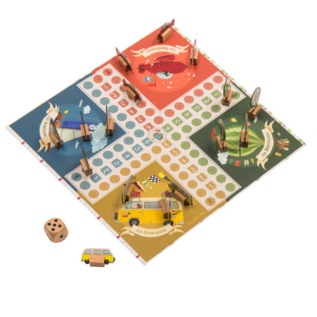 A colorful board game depicting four themed quadrants: red, green, blue, and yellow. Wooden pieces and a dice are placed around the board.