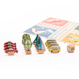 Moulin Roty Les Explorateurs small horses game with wooden vehicle pawns globe dice and illustrated travel game board.
