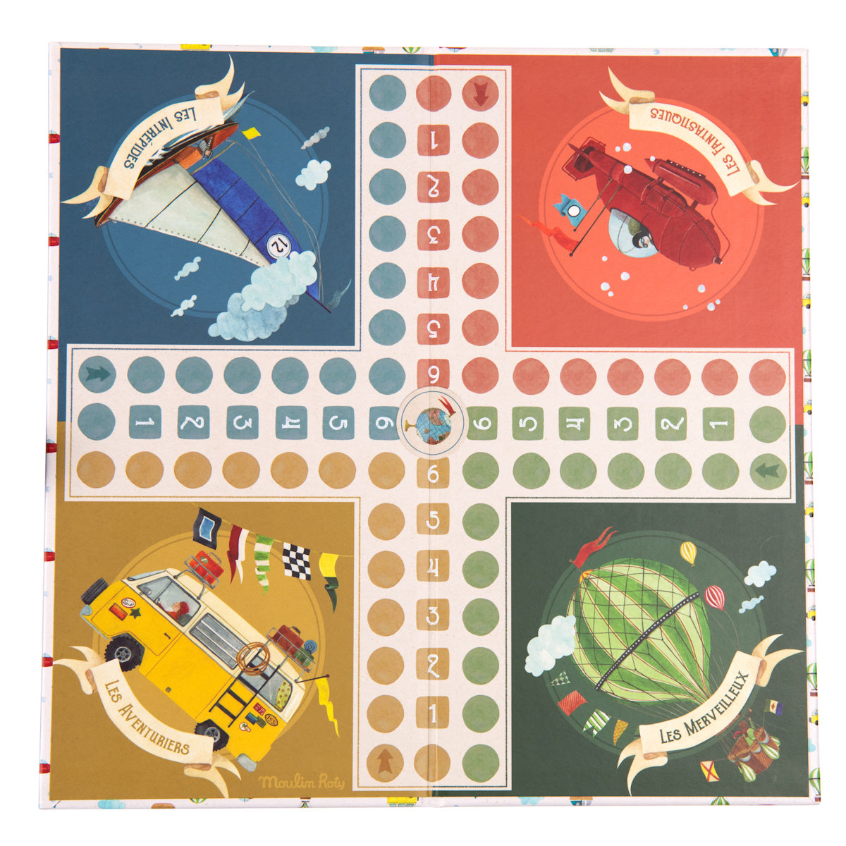 Moulin Roty Les Explorateurs small horses ludo game board with sailboat submarine van and hot air balloon illustrated corners.