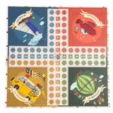 Moulin Roty Les Explorateurs small horses ludo game board with sailboat submarine van and hot air balloon illustrated corners.