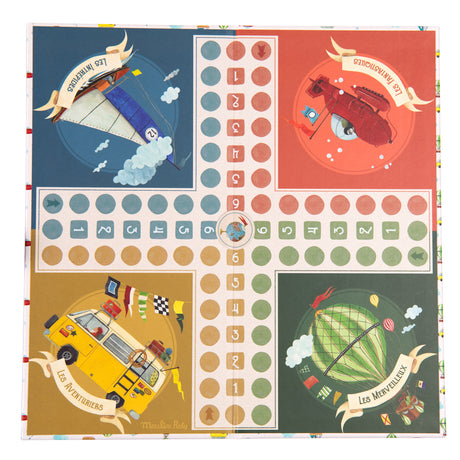 Moulin Roty Les Explorateurs small horses ludo game board with sailboat submarine van and hot air balloon illustrated corners.