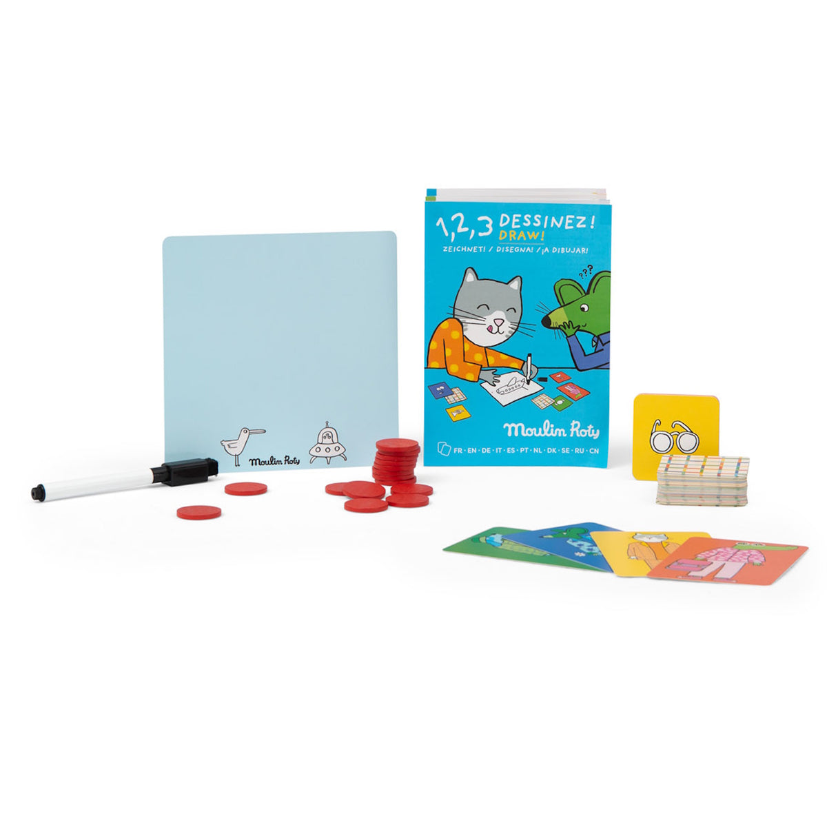 Moulin Roty drawing game featuring a blue board, marker, red tokens, animal cards, and a colorful instruction booklet.