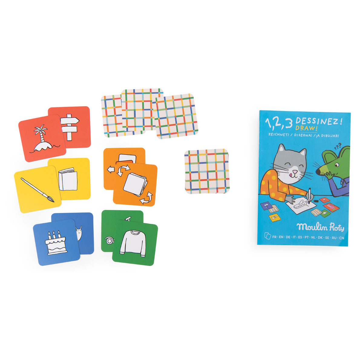 Colorful drawing game cards with simple icons and an instruction booklet featuring a cat and mouse drawing.