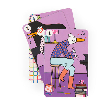 Three purple cards showing a white bird playing a piano, with numbers 1, 2, and 4 in the corners.