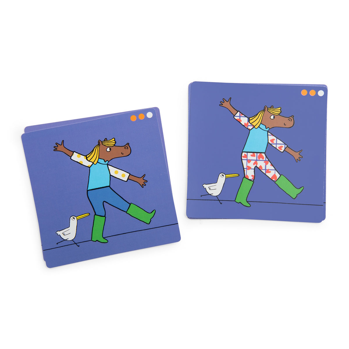 Two illustrated mix-and-match logic game cards featuring a brown horse character and a bird on a purple background.
