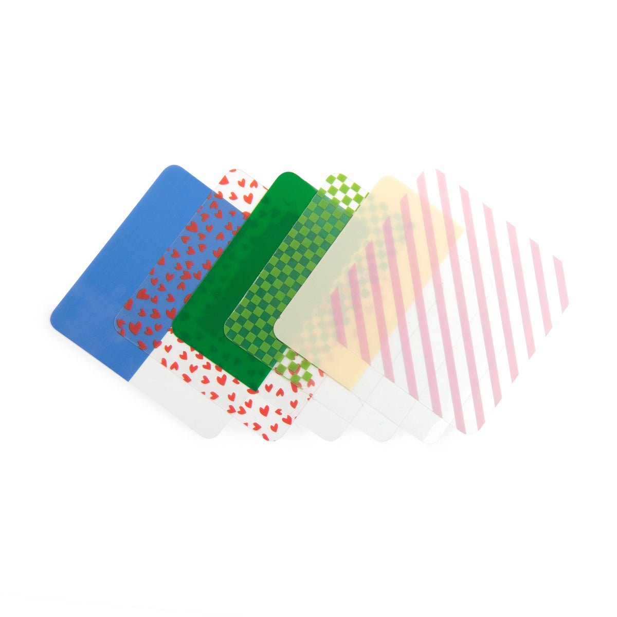 Colorful Les Loufoques mix-and-match logic game cards with blue, heart, green checkered, and pink striped patterns.