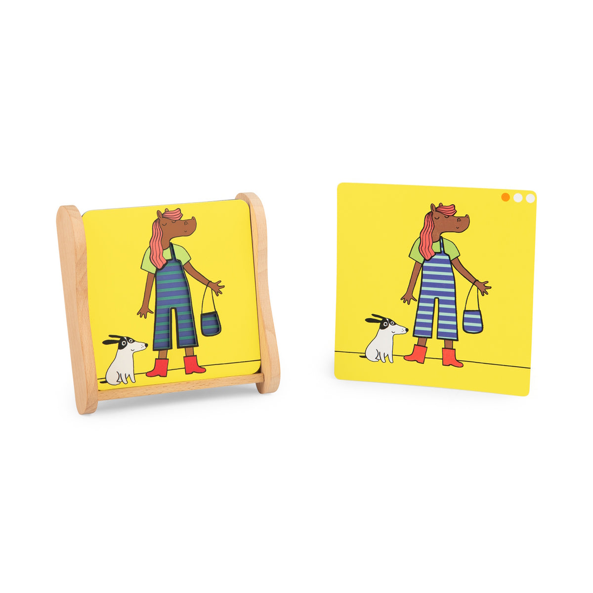 Les Loufoques Mix and Match logic game featuring a horse character in overalls with a dog on yellow cards.