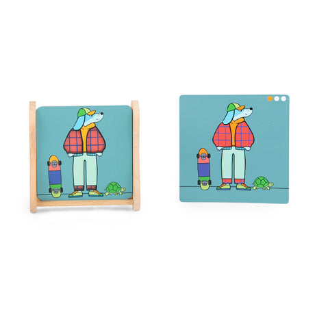 Les Loufoques mix and match logic game cards featuring a cartoon dog, turtle, and skateboard illustrations.