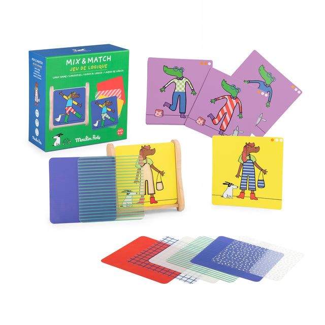 Moulin Roty Mix & Match logic game featuring colorful animal cards, patterned overlays, and a wooden frame for kids' play.