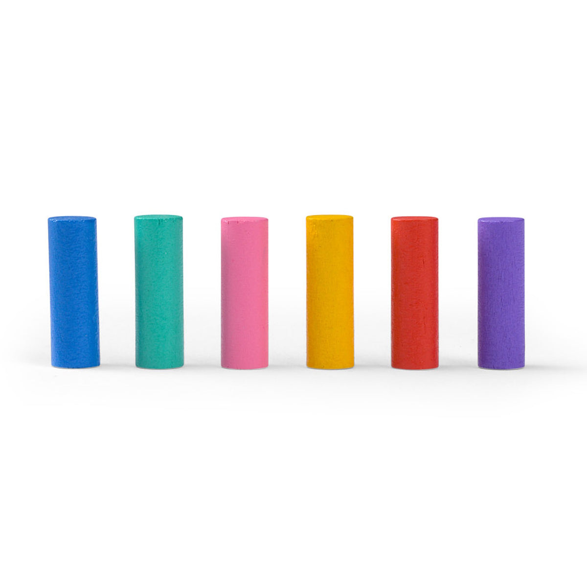 Six colorful wooden pegs in a row: blue, teal, pink, yellow, red, and purple, standing upright on a white background.