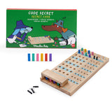 Wooden board game titled "Secret Code" by Moulin Roty, featuring colorful pegs and a wooden board with hidden code holes.