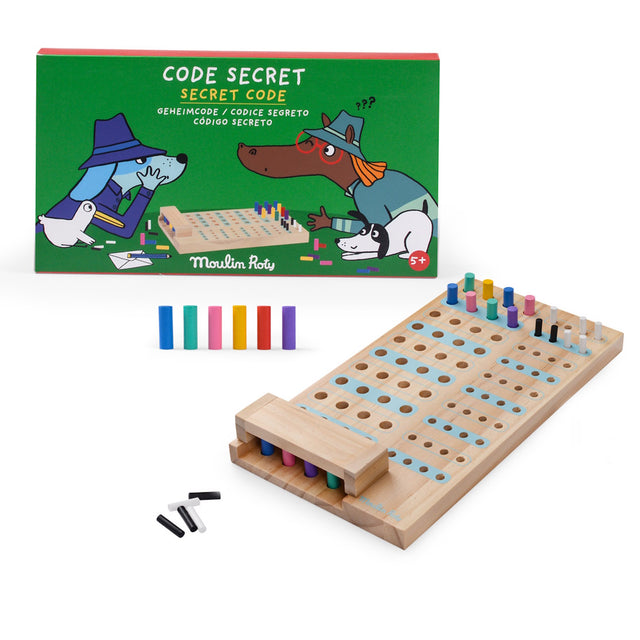 Wooden board game titled "Secret Code" by Moulin Roty, featuring colorful pegs and a wooden board with hidden code holes.