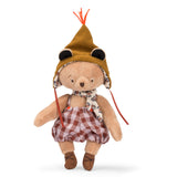 Les Minouchkas Emile small bear plush toy wearing a pointed hat and plaid overalls.