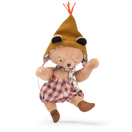 Les Minouchkas Emile the small bear plush toy wearing a pointed hat, scarf, and checkered overalls.