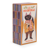 Moulin Roty Les Minouchkas Leon the cat toy box featuring an illustrated black cat in a jacket and scarf.