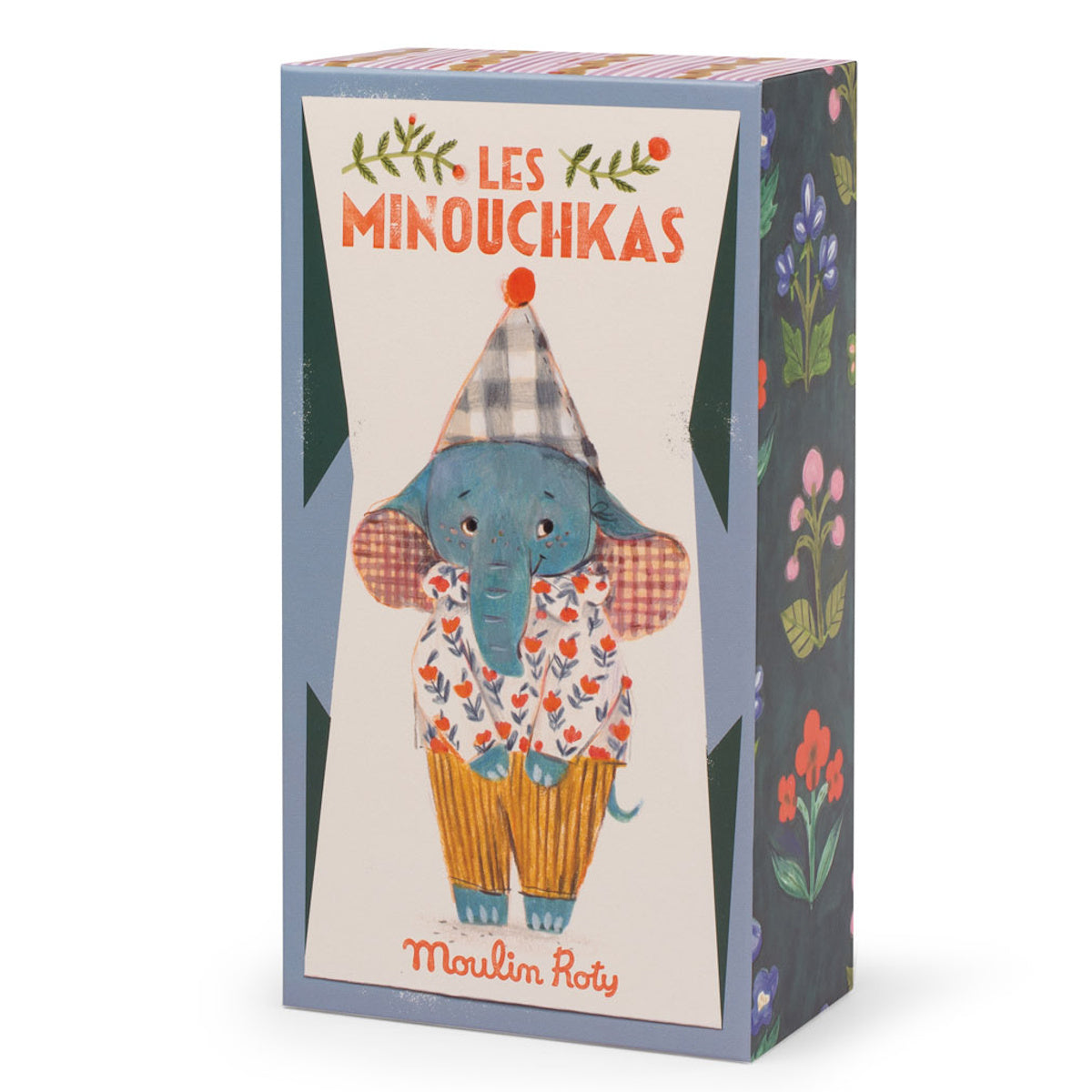 Moulin Roty Les Minouchkas Pablo the elephant toy box with floral patterns.