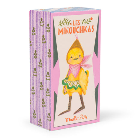 Moulin Roty Les Minouchkas Rita the Duck toy box featuring a yellow duck character illustration.