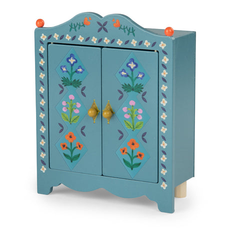Hand-painted blue wooden miniature wardrobe with colorful floral patterns and gold knobs.