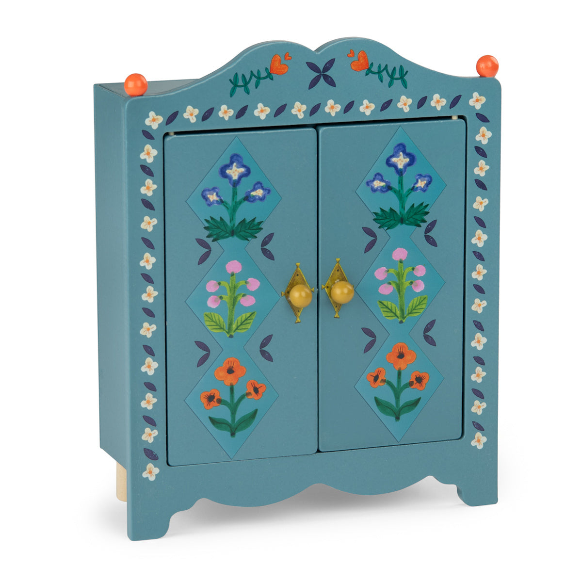 Blue wooden doll wardrobe with painted flowers for Les Minouchkas.