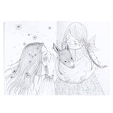 Two girls with long hair and flower accents interact in a black-and-white drawing. One holds a small donkey tenderly, while flowers float around. The scene feels whimsical and serene.