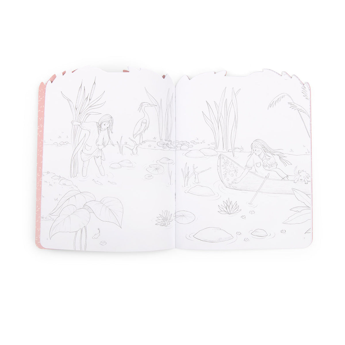 Open coloring book page showing a girl by a pond and another in a canoe with a dog.