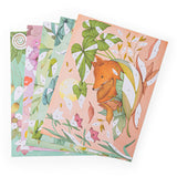Artistic greeting cards with watercolor-style nature themes. A fox is surrounded by leaves on the top card. Soft, pastel colors convey a whimsical feel.