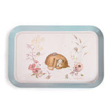 Moulin Roty Les Rosalies metal tea tray with sleeping bear woodland animals floral illustration in blue.