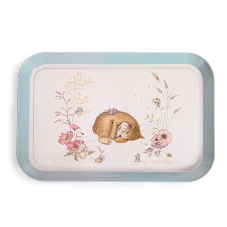 Moulin Roty Les Rosalies metal tea tray with sleeping bear woodland animals floral illustration in blue.