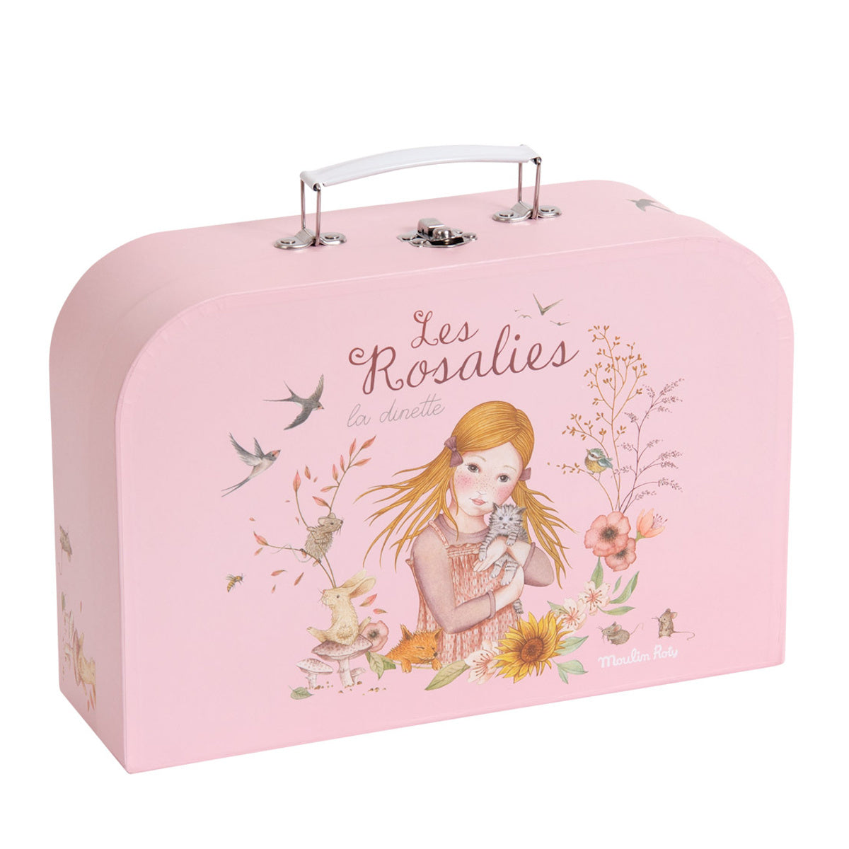 Moulin Roty Les Rosalies La Dinette pink suitcase carry case with illustrated girl and woodland animals.