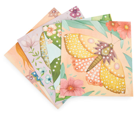 Vibrant greeting cards feature a kaleidoscope of butterflies and flowers. Each card is adorned with intricate patterns, soft pastel colors, and nature themes.