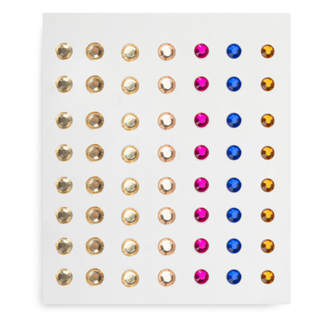 Colorful gem stickers for Les Rosalies mosaic craft kit with pink blue and gold rhinestone embellishments.
