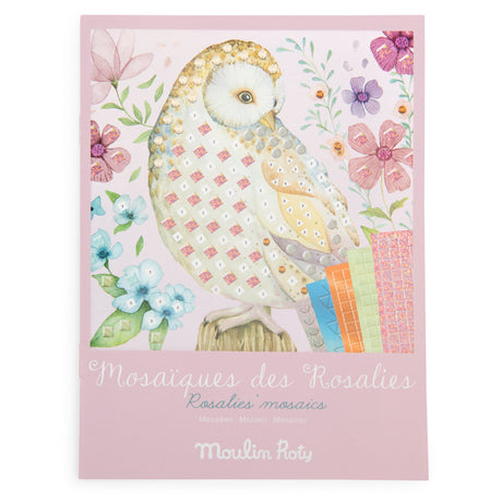 Illustrated craft box for "Rosalies' Mosaics" shows a mosaic-patterned owl amidst colorful flowers on a pastel purple background.