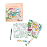 Paint-by-numbers kit with a colorful butterfly on the box and two koi fish outlines on paper. Includes brushes and numbered paint pots.