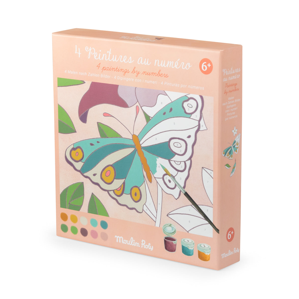 A colorful children's paint-by-number kit box featuring a butterfly design. The box displays age suitability (6+) and includes small paint pots, with a bright and cheerful tone.