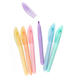 A set of six pastel markers in yellow, pink, orange, purple, blue, and mint is displayed.