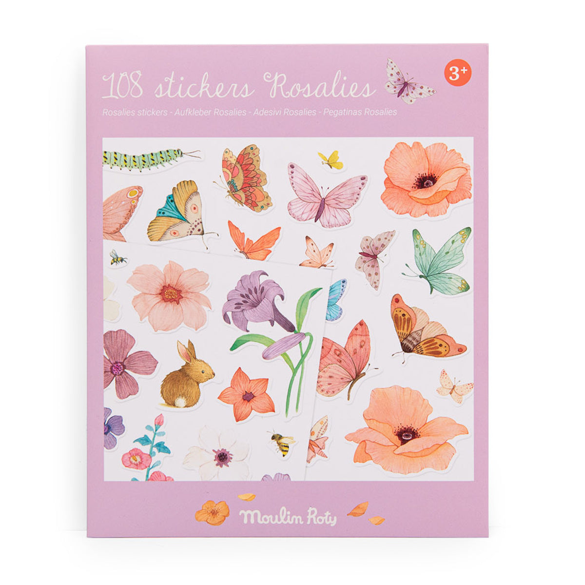 A sticker pack cover with delicate illustrations of butterflies, flowers, a bunny, and a bee. The pink background has playful, artistic vibes.