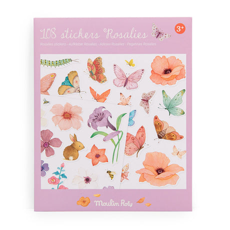 A sticker pack cover with delicate illustrations of butterflies, flowers, a bunny, and a bee. The pink background has playful, artistic vibes.