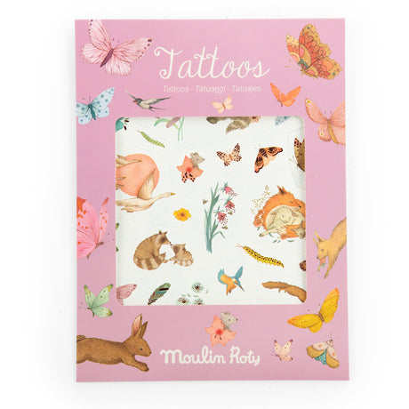 A colorful packaging of temporary tattoos by Moulin Roty, featuring illustrations of animals and insects like rabbits, butterflies, and birds against a pink background.