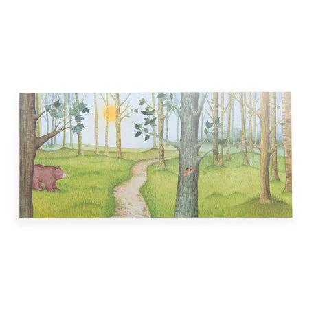Childrens woodland storybook background illustration of a path through a forest with a brown bear.