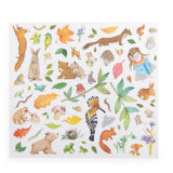 Moulin Roty Les Rosalies decal sheet featuring woodland animals, birds, and forest illustrations.