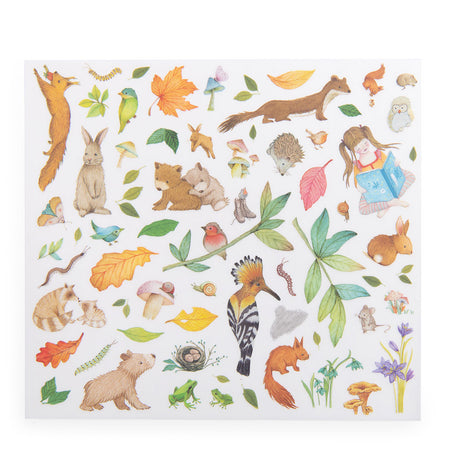 Moulin Roty Les Rosalies decal sheet featuring woodland animals, birds, and forest illustrations.