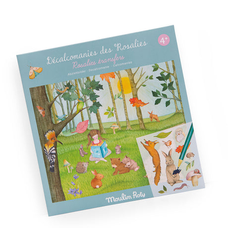 Moulin Roty Les Rosalies Transfers activity kit packaging showing a woodland scene with animals.