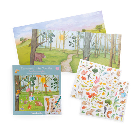 Moulin Roty Les Rosalies transfers activity kit with forest background scenes and animal decal sheets.