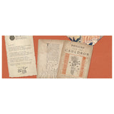 Open book display featuring a typed letter and illustrated spell pages titled Potions for the Cauldron.