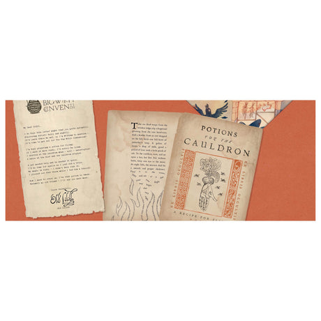 Open book display featuring a typed letter and illustrated spell pages titled Potions for the Cauldron.