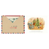 An envelope marked "Arctic Express" on the left, next to a cozy scene of a woman and child decorating a Christmas tree on the right. Festive and warm.