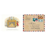 Illustration of a smiling child in red pajamas near a fireplace with a Christmas letter on the mantel. Next to it, a festive letter addressed to Paris, with stamps and holiday decor.