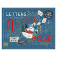 Blue book cover titled "Letters from the North Pole" with gold swirls and red lettering. Features a snowy scene with a red house, trees, and flying letters.