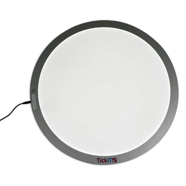 A round light panel with a gray border and a power cord, labeled "TickiT" at the bottom. The panel is lit, emitting a soft, even glow.
